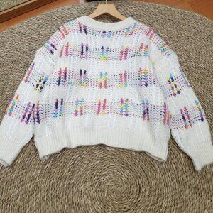 White Rainbow Multicolor Embroidered Open Knit Oversized Sweater